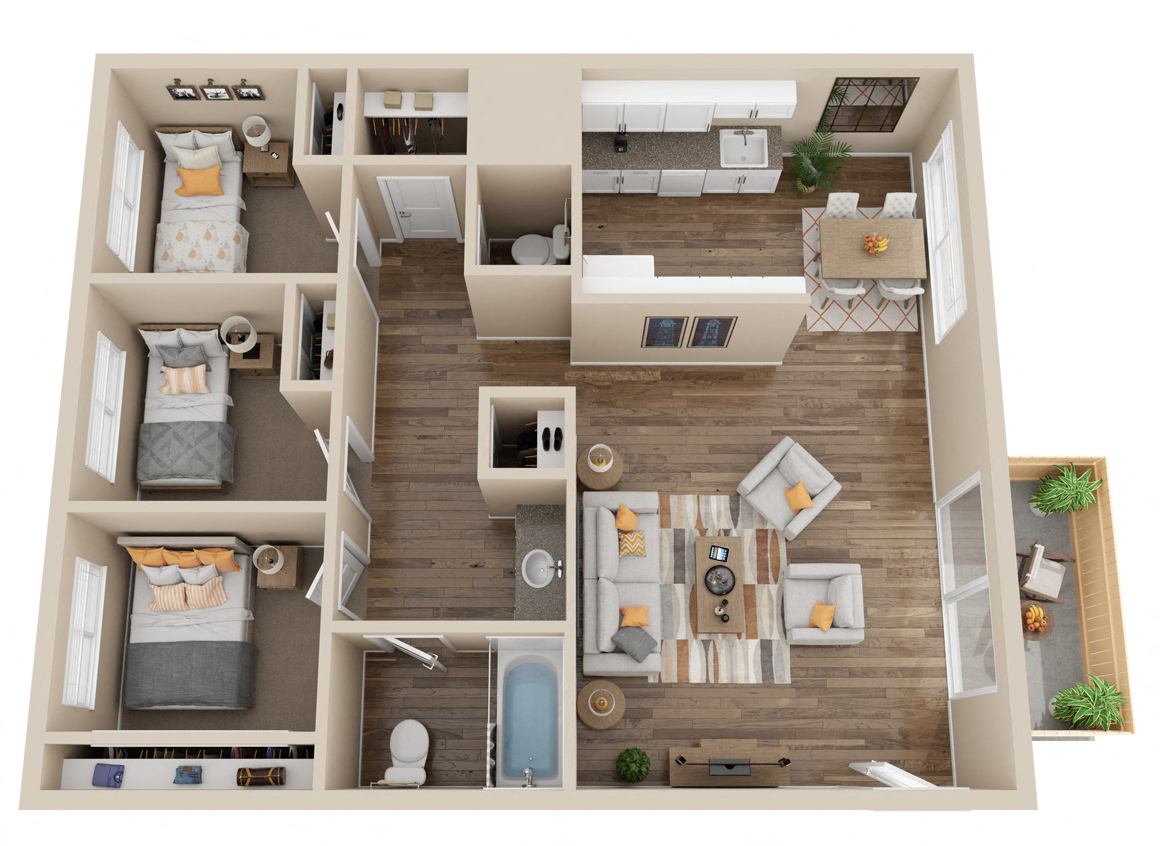 Floor plan for 3 beds, 2 baths, 860 sqft